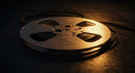 Nostalgic reel-to-reel audio tape with warm illumination evoking analog era charm