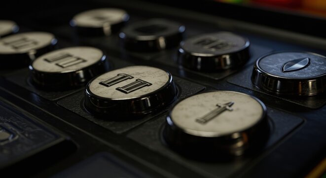Close-up of vintage-style metal push buttons revealing an arrangement of old gaming machine