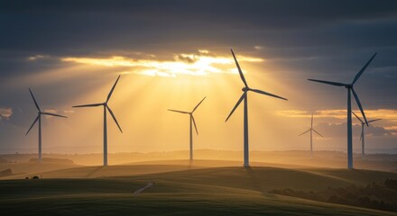 Wind turbines generating sustainable energy on a misty landscape at golden hour