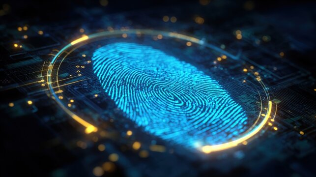 Close-up of vibrant blue fingerprint on digital futuristic biometric scanning interface. - Powered by Adobe