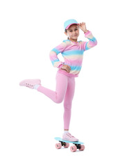 Little girl with penny board on white background