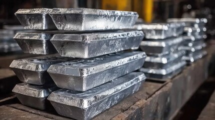Industrial Silver Metal Ingots Stacked in a Factory or Metal Processing Plant.