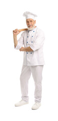 Professional pastry chef with rolling pin on white background