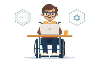 Young Programmer in Wheelchair: A cheerful young person with glasses sits in a wheelchair, working on a laptop. Coding and settings icons highlight their programming skills.