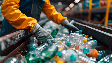 Worker sorting recyclable plastic bottles at a recycling facility
