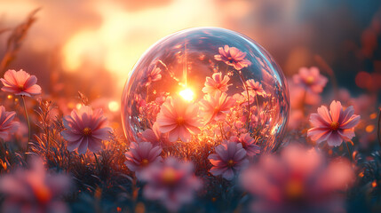 A radiant soap bubble reflects vibrant flowers at sunset, creating a magical scene.