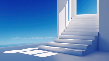 Obraz premium A serene white staircase leading to an open doorway under a clear blue sky with soft clouds