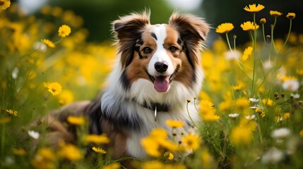 An adorable Australian Shepherd with fluffy red and white fur rests among bright yellow flowers and daisies isummer field. Sunlight highlights its joyful gaze and open mouth with tongue out, conveying