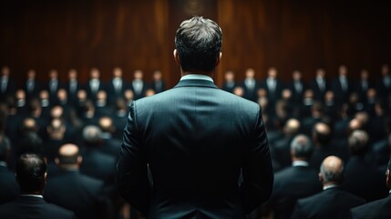 Fototapeta premium Rear View Professional Speaker Addressing Audience in Dark Meeting Room