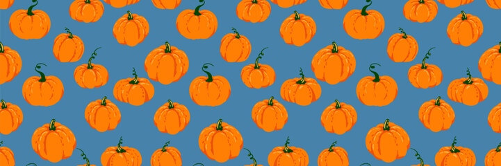 Seamless vector pattern with hand drawn orange pumpkins on a blue background. Template for autumn, Thanksgiving, Halloween, seasonal packaging, fabric, and fall themed projects