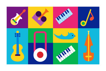 Fototapeta premium Colorful geometric musical instruments and objects collage