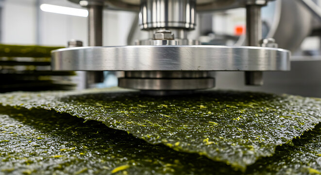 Philippine Pressed Seaweed with Anchovies. layer-cured seaweed sheets with tiny fish inclusions, hydraulic press, factory production line 