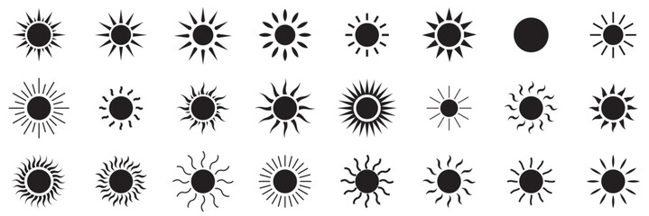  sun icons set, sunshine and solar glow, sunrise or sunset. Decorative circle full and half sun and sunlight.