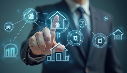 Businessman Interacting with Smart Home Network: Futuristic Blue Interface