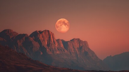 Beautiful full moon rising over rugged mountain landscape during sunset.