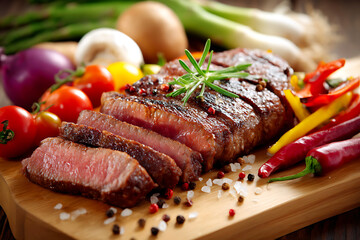 Juicy Grilled Beef Steak with Rosemary on Wooden Board. Hot and Smoky Gourmet Meat.