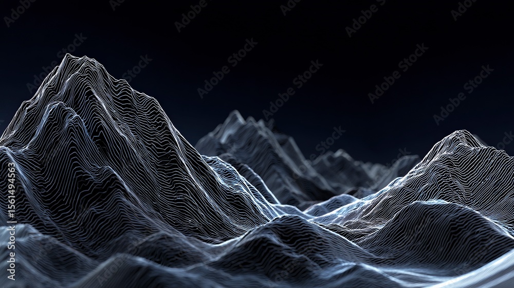 Fototapete abstract 3d rendering of digital mountains, with light lines forming intricate patterns on the peaks