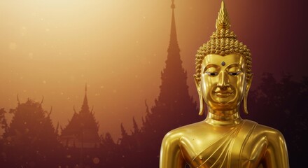 Fototapeta premium A soft gradient from pale saffron to deep maroon, the detailed gold Buddha statue is centered with a glowing aura.