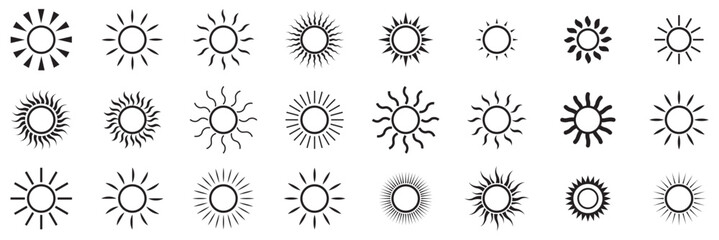 Sun icons set. Sun weather symbol collection. Sunshine, sunlight, sunburst icon set. Solar energy. Vector illustration .  