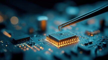 Close Up of Technician Using Tweezers to Handle Microchip on Circuit Board Engineering Background.