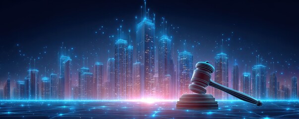 AI Regulation Concept. A digital cityscape with glowing skyscrapers and a large judge's gavel symbolizes law and justice in a futuristic, technology-driven urban environment.