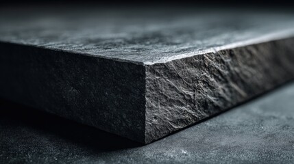 Close-up of a rough textured dark gray stone slab with sharp edge and detailed surface.