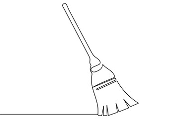 Continuous one line broom drawing minimalist vector outline design isolated on white background
