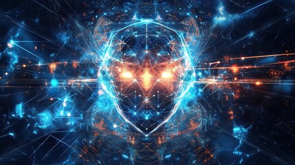 Futuristic Digital Face with Glowing Blue and Orange Neural Network