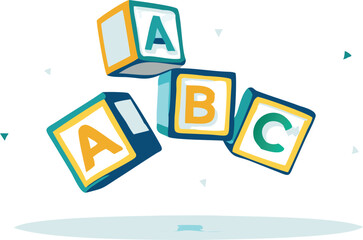 Floating abc blocks with letters a b and c in yellow green and blue colors on a white background