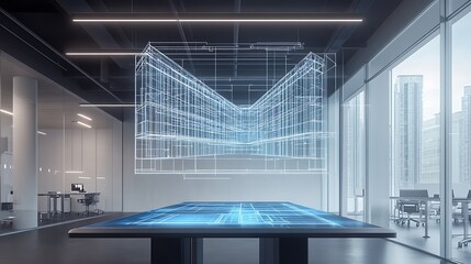 Advanced commercial building blueprint projection hovering above interactive table in a minimalist open office with LED ceiling lights