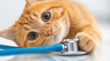 Close-up of Cute Orange Tabby Cat Lying Down with Stethoscope for Veterinary Care.