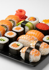 Gran Variedad de Sushi Fresco en Plato Negro. Generado con IA