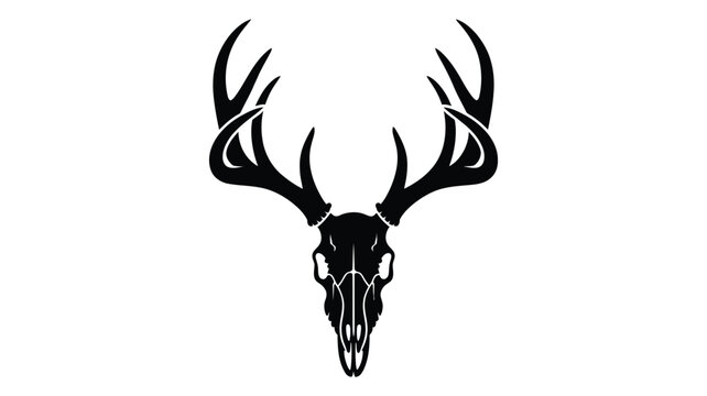 Stylized black silhouette of a deer skull with large antlers on white background