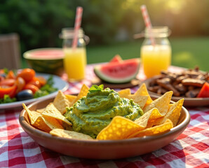 Guacamole and corn chips on summer picnic table with watermelon slices, lemonade, grilled vegetables and BBQ food, warm natural sunlight, festive outdoor family-friendly photorealistic scene