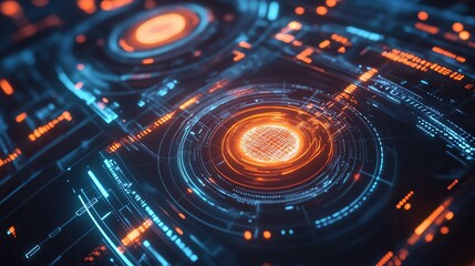 High-Tech Futuristic Digital Interface with Orange and Blue Circuitry