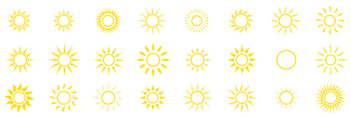Sun icon set in yellow color on white background. Sun simple icons collection. Yellow sun icon set, sunshine and solar glow, sunrise or sunset. eps 10 