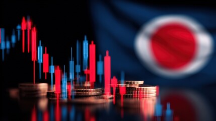 Financial chart with candlestick data and coins symbolizing economy investment analysis.