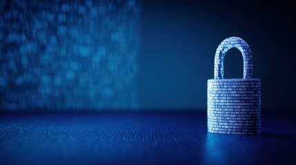 Digital Secure Lock Icon Made of Cubes Against a Dark Blue Background with Data Privacy Theme.