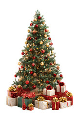 Decorated christmas tree with presents isolated on transparent background