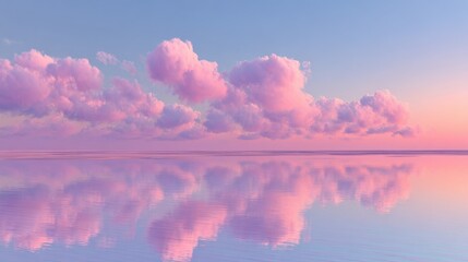 Wide view of colorful pink and purple clouds reflected on calm water at sunset with vibrant sky.
