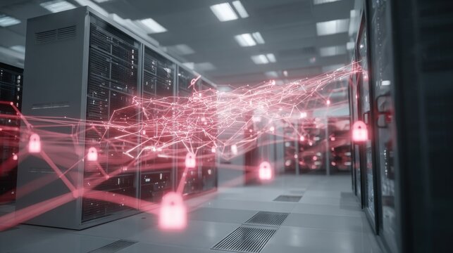 Modern data center with interconnected servers and digital network connections. - Powered by Adobe