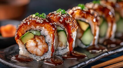 Delicious sushi roll with shrimp cucumber and avocado topped with sauce and sesame seeds.