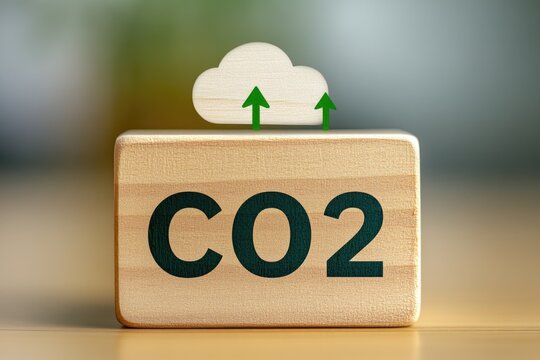 Wooden block displaying CO2 with upward green arrows above a white cloud