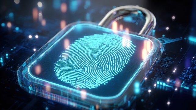 Futuristic digital fingerprint lock on holographic security pad with glowing circuitry. - Powered by Adobe