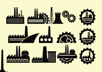 Black and White Industrial Factory Icons Set Gear Cogwheel Manufacturing Symbols Collection