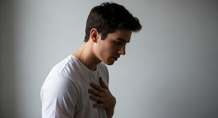 Pensive young man in white t shirt looking down with hand on his chest indoors