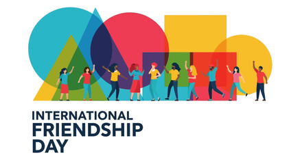 Diverse Group of People Celebrating with Raised Hands and Colorful Geometric Shapes