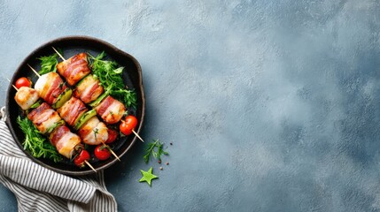 Appetizing Bacon Wrapped Shrimp Skewers Garnished with Cherry Tomatoes on Black Plate.