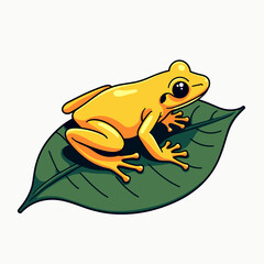 Bright Yellow Tree Frog Resting on a Green Leaf, Cartoon Style Illustration with Bold Outlines
