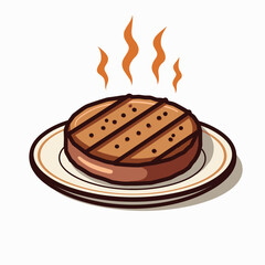Grilled Hamburger Patty on a Plate with Steam, Cartoon Style Illustration for Food Presentation